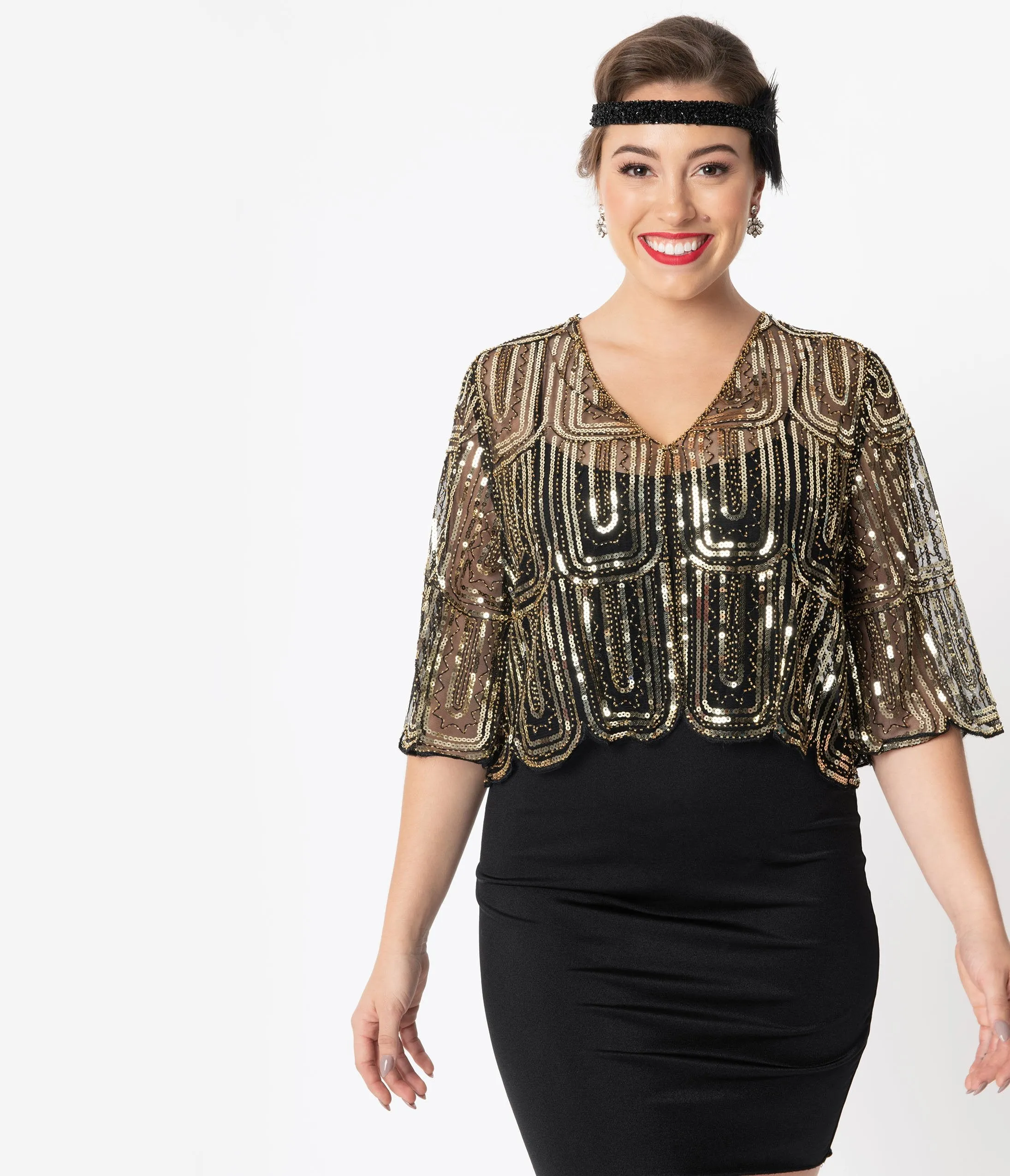 1920s Black & Gold Three Quarter Sleeve Sequin Bolero