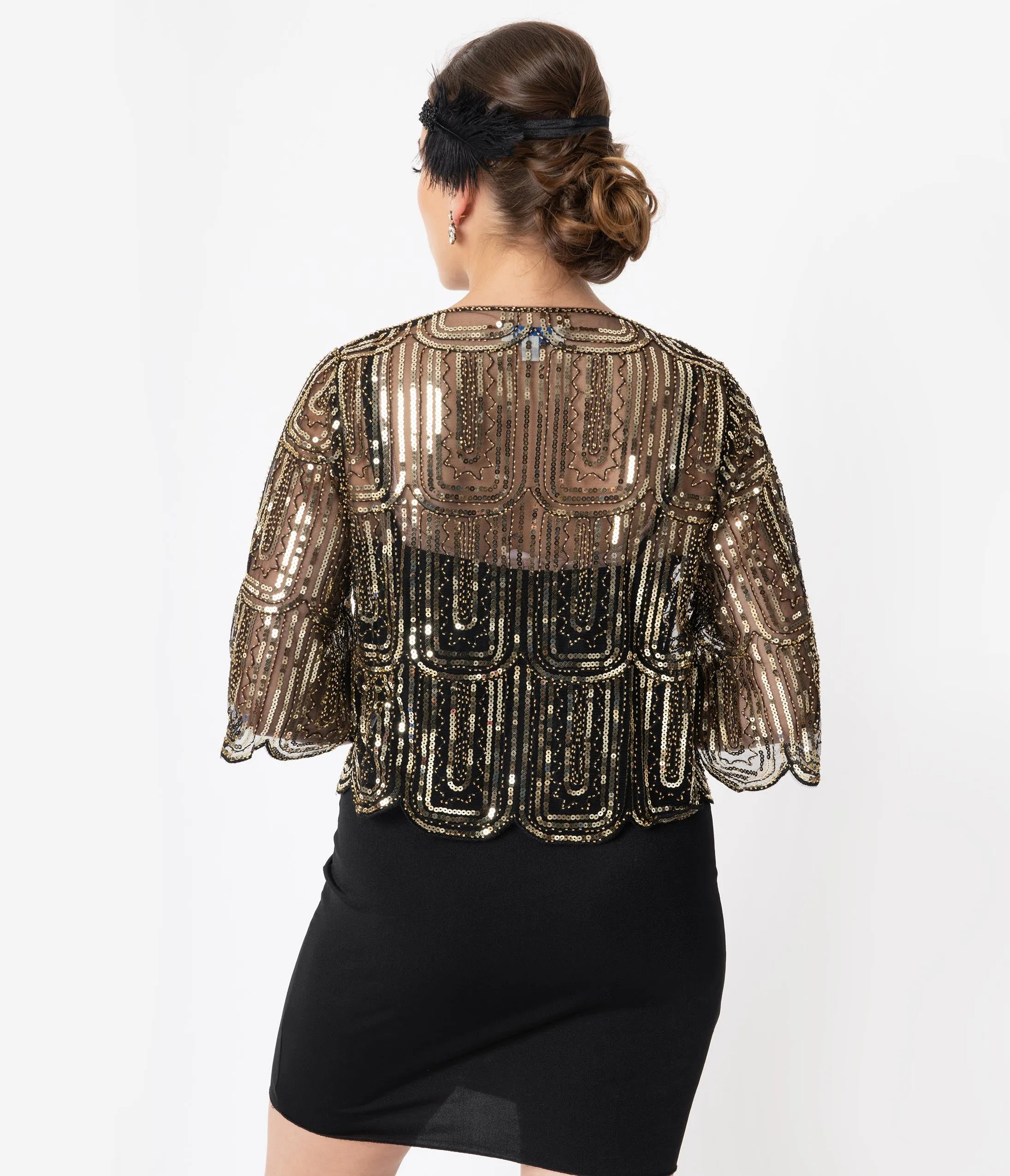 1920s Black & Gold Three Quarter Sleeve Sequin Bolero
