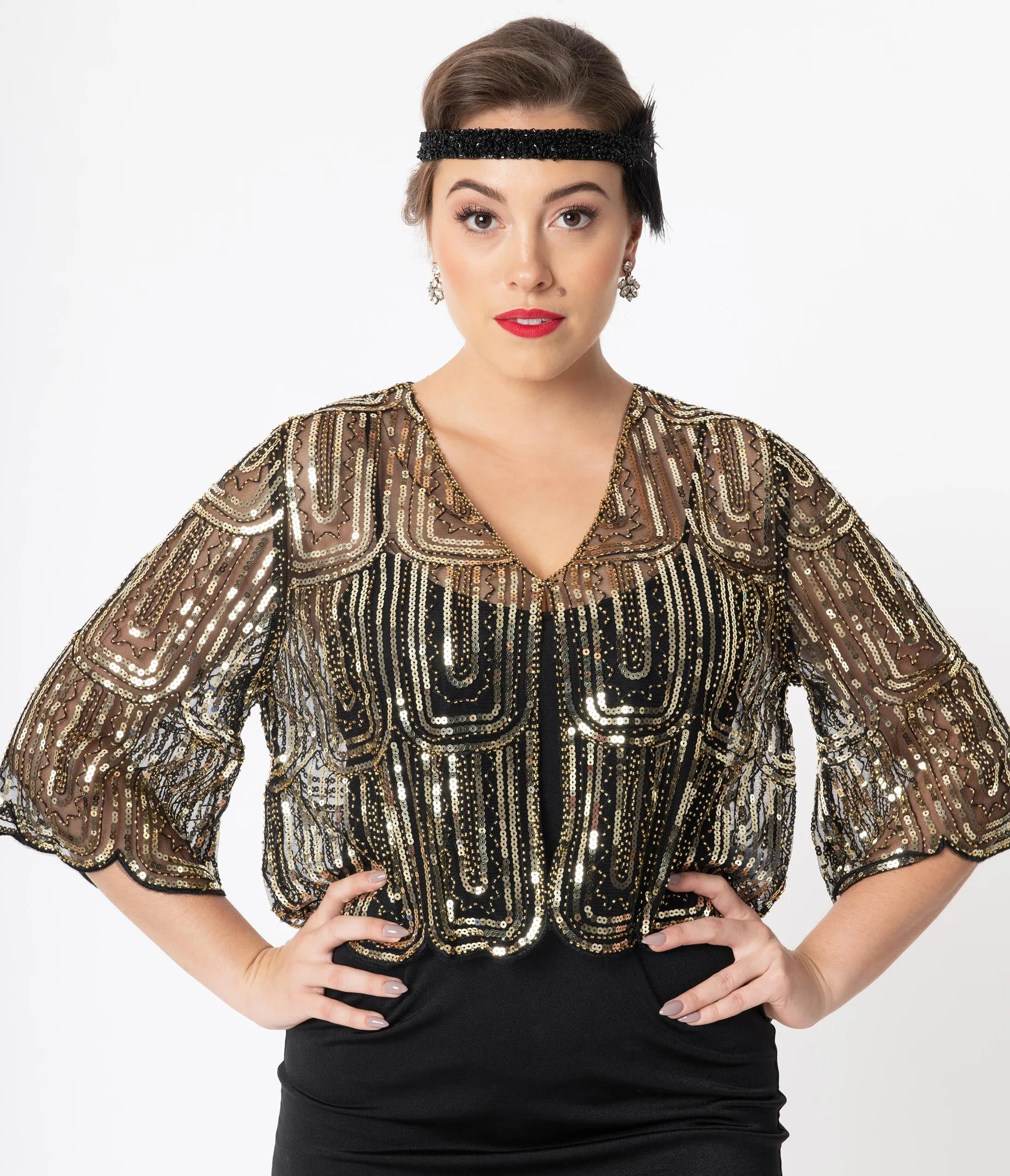 1920s Black & Gold Three Quarter Sleeve Sequin Bolero