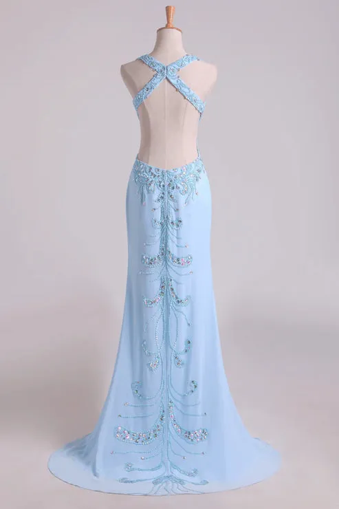 A Line Halter Beaded Bodice Open Back Party Dresses Chiffon With Slit Sexy Evening Dress