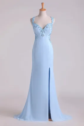 A Line Halter Beaded Bodice Open Back Party Dresses Chiffon With Slit Sexy Evening Dress