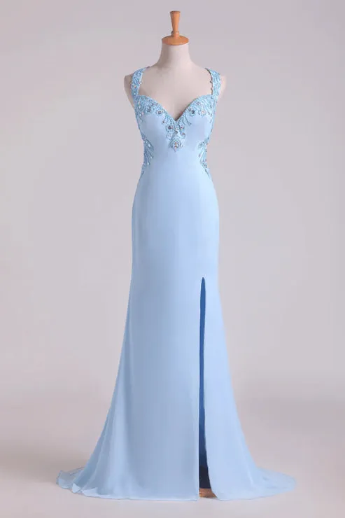 A Line Halter Beaded Bodice Open Back Party Dresses Chiffon With Slit Sexy Evening Dress