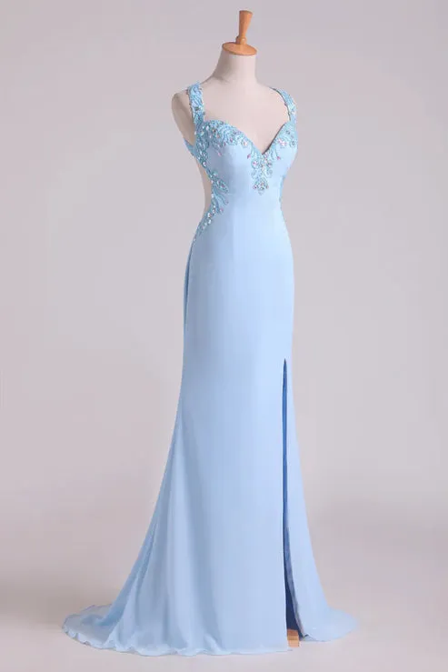 A Line Halter Beaded Bodice Open Back Party Dresses Chiffon With Slit Sexy Evening Dress
