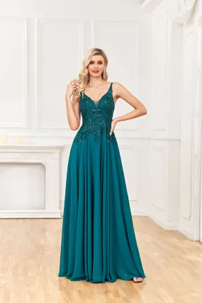 A Line Prom Dresses V Neck Sleeveless Beaded Appliques Floor Length