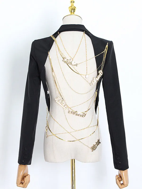 Backless Chains Long Sleeves Notched Collar Outerwear Blazer