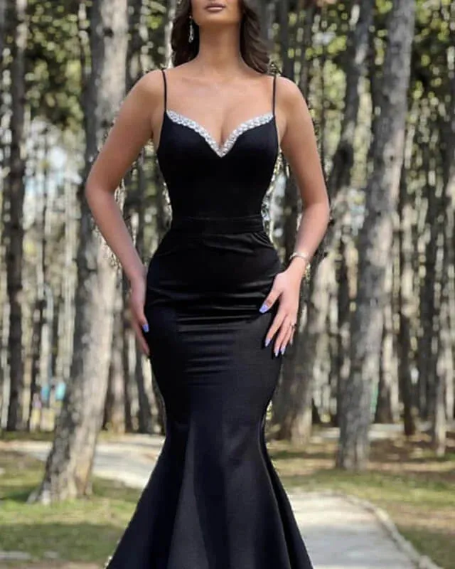 Black Mermaid Spaghetti Straps Beaded V-neck Satin Dress Evening Dresses