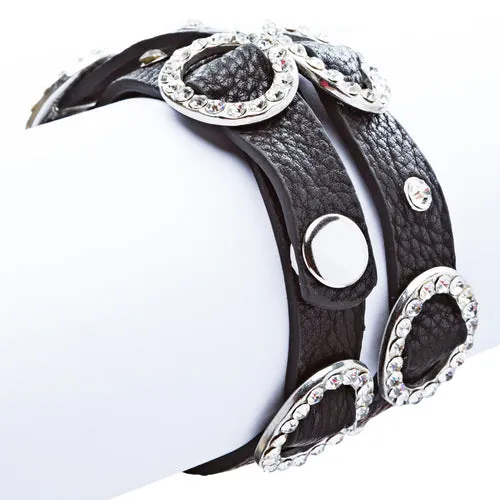 Chic Crystal Buckle Design Button Leatherette Fashion Wrap Bracelet Silver Black