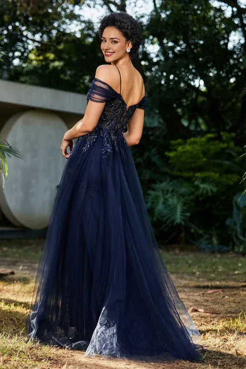 Elegant A-Line Prom Dresses Off the Shoulder Beaded Tulle Dress