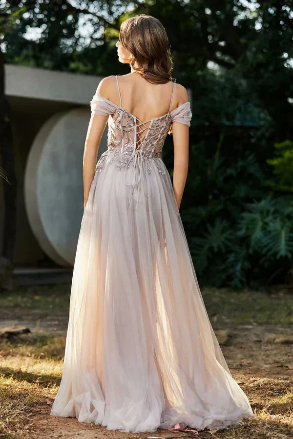 Elegant Beaded A-Line Prom Dresses Off the Shoulder Tulle Dress Evening Dress