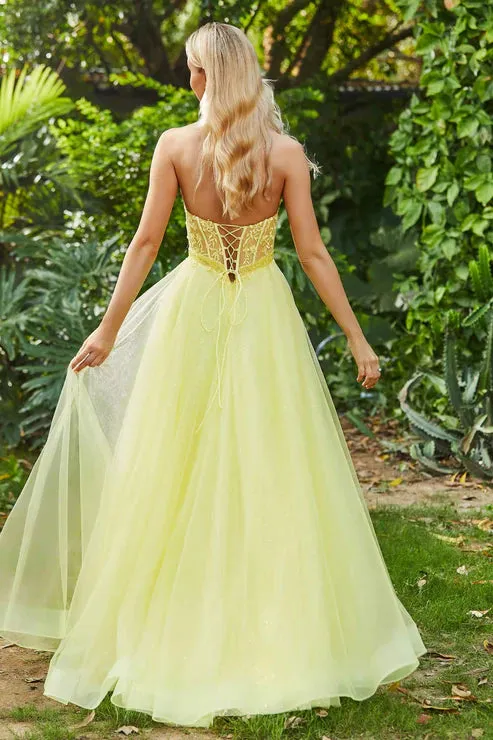 Elegant Prom Dresses Strapless Corset Top Beaded Applique Slit Tulle Dress