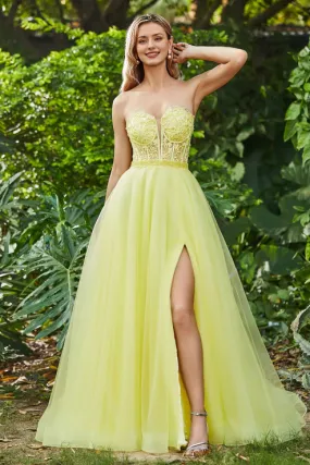 Elegant Prom Dresses Strapless Corset Top Beaded Applique Slit Tulle Dress