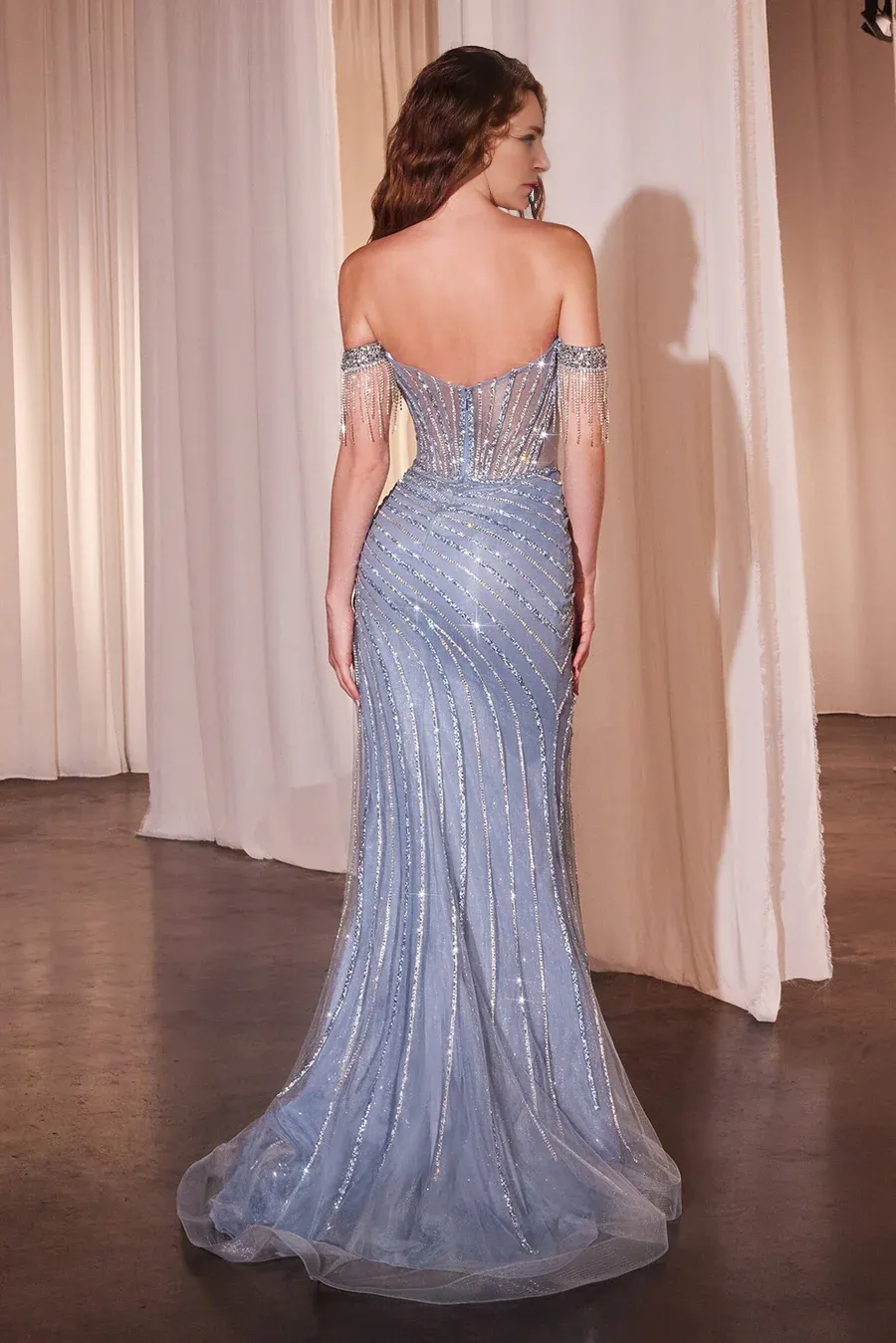 Fashion Prom Dresses Beaded Off Shoulder Tulle Slit Gown Evening Dress