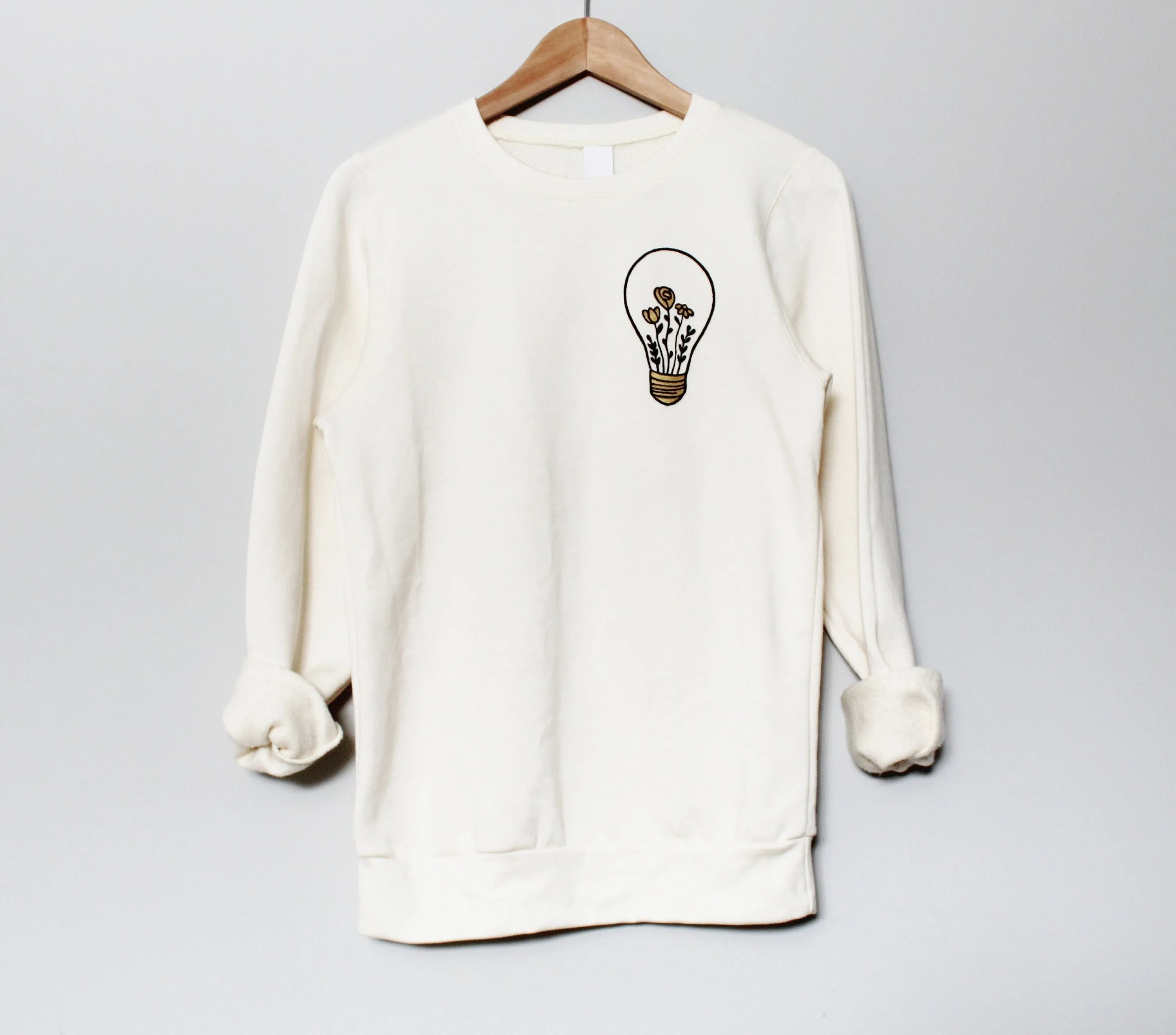 Floral graphic UNISEX sweatshirt, hand painted light bulb with gold flowers, natural organic bamboo sweater, ethical fashion