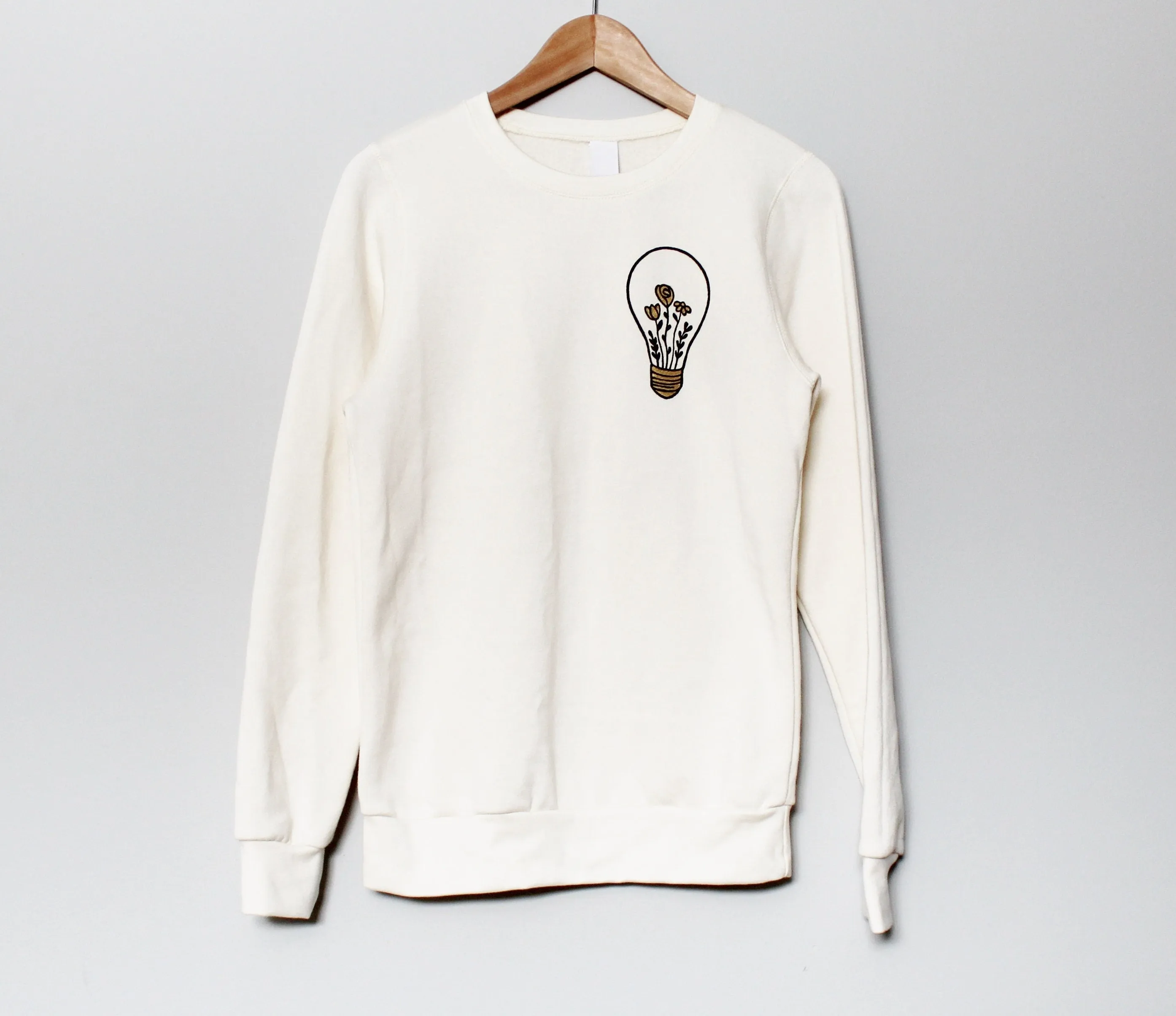 Floral graphic UNISEX sweatshirt, hand painted light bulb with gold flowers, natural organic bamboo sweater, ethical fashion
