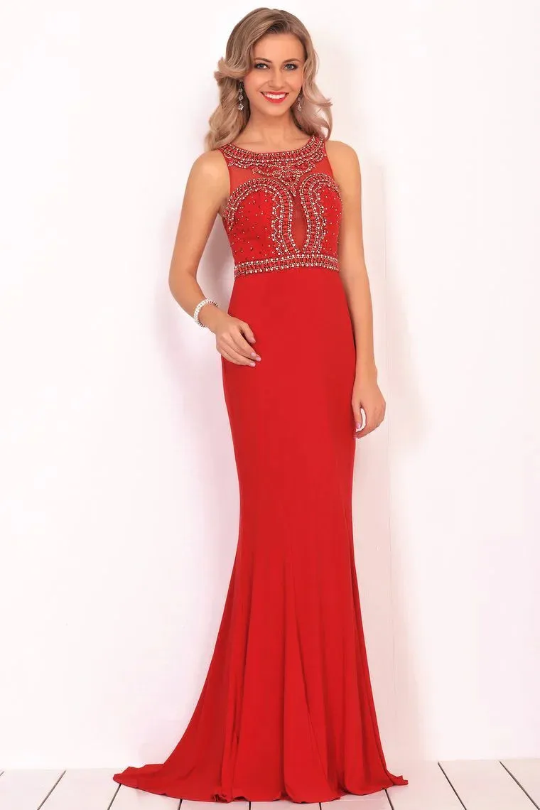 Formal Dresses Scoop Beaded Bodice Mermaid Sweep Train