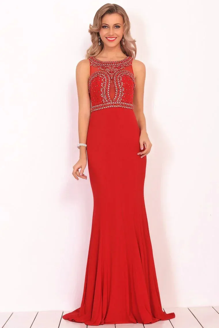 Formal Dresses Scoop Beaded Bodice Mermaid Sweep Train