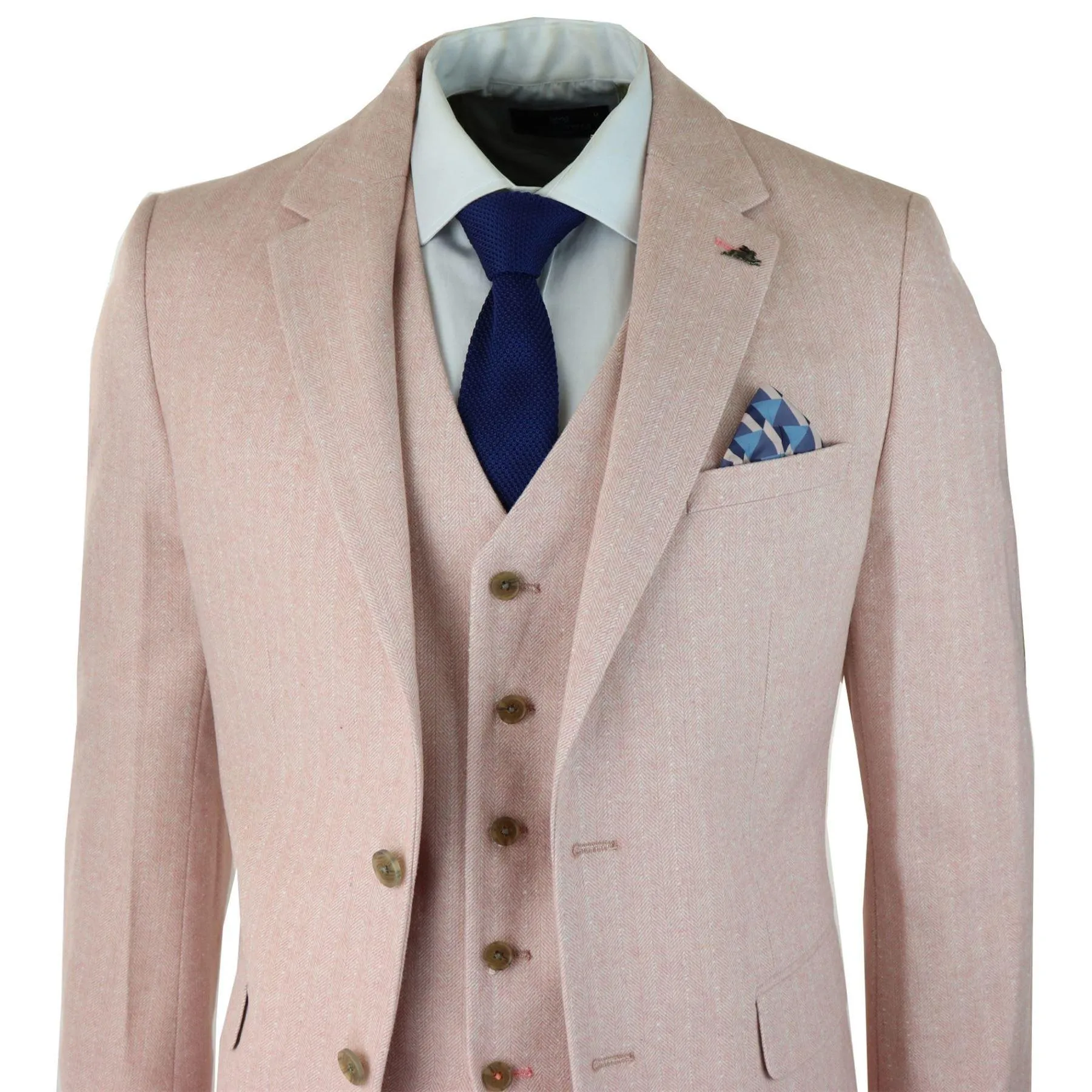 Mens Herringbone Tweed 3 Piece Suit Pink Blush Retro Vintage Short Reg Long