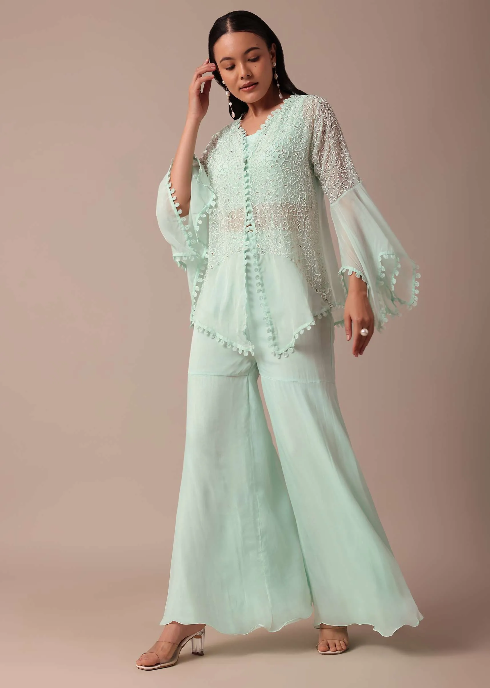 Mint Blue Cotton Sharara Set With Jacket