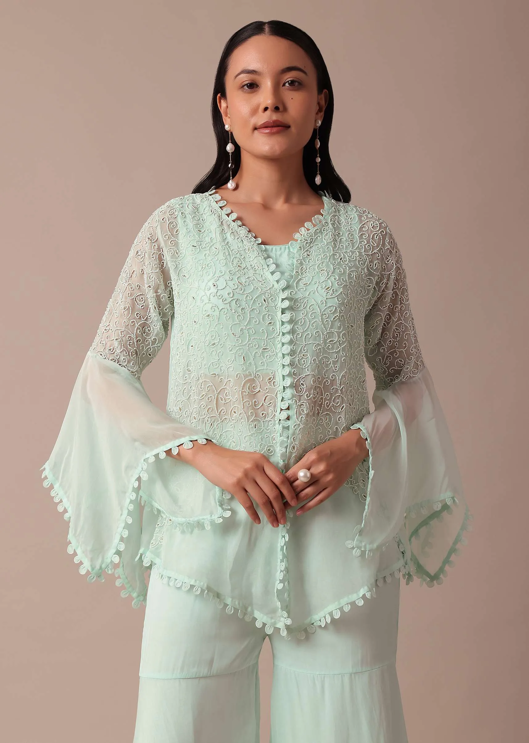 Mint Blue Cotton Sharara Set With Jacket