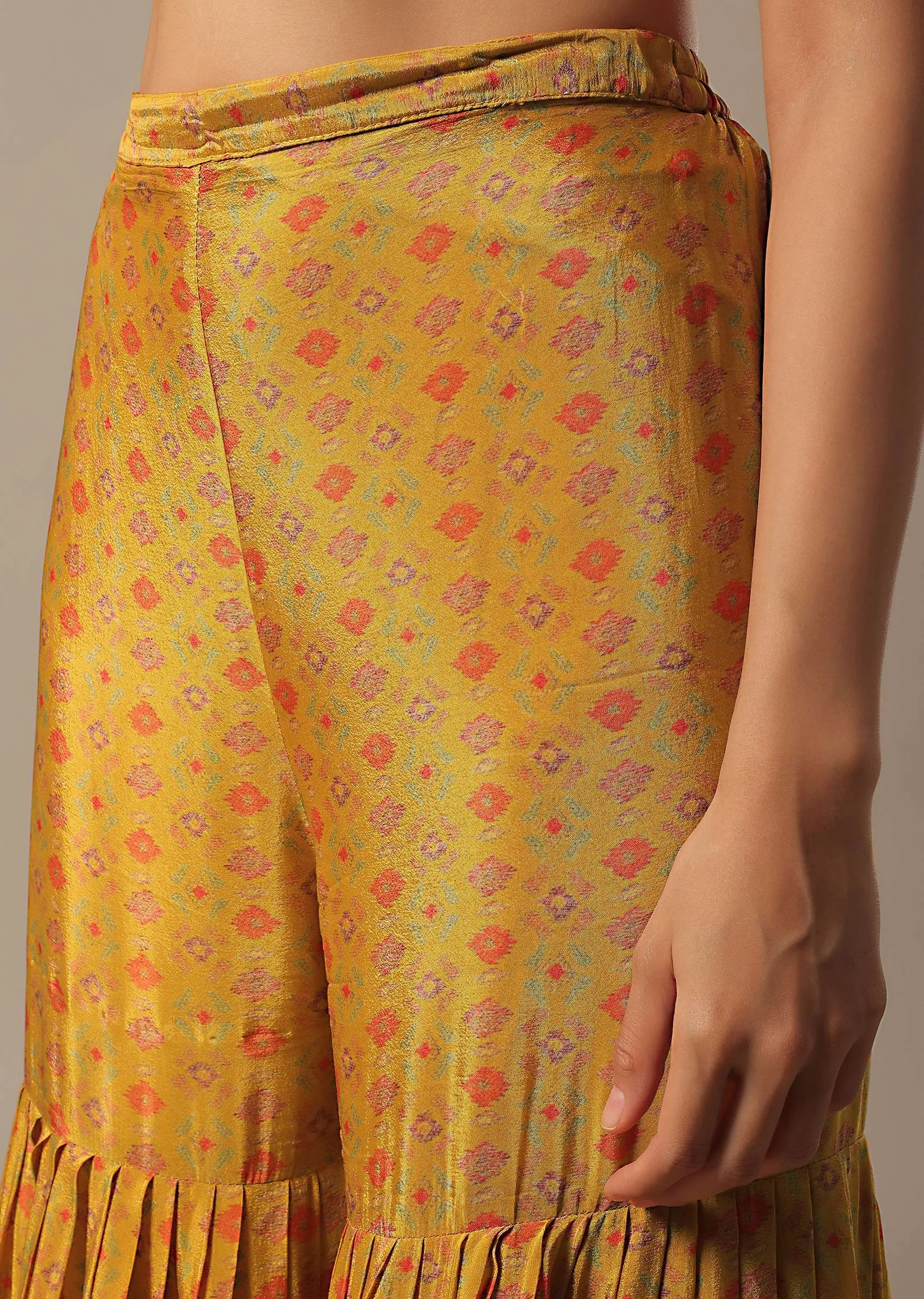 Mustard Yellow Sharara Set With Printed Peplum Top And Dupatta