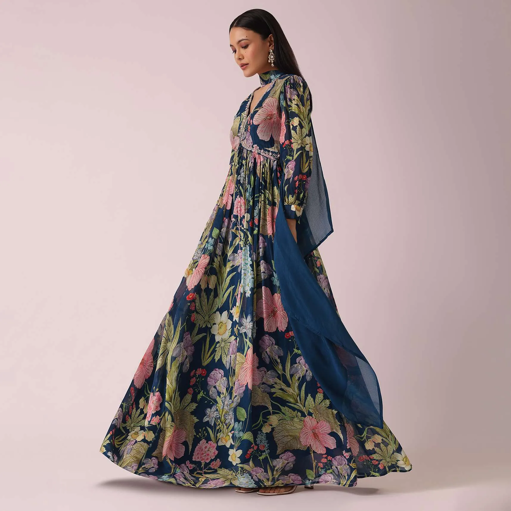 Navy Blue Floral Print Anarkali Set with Sequin Embellishments