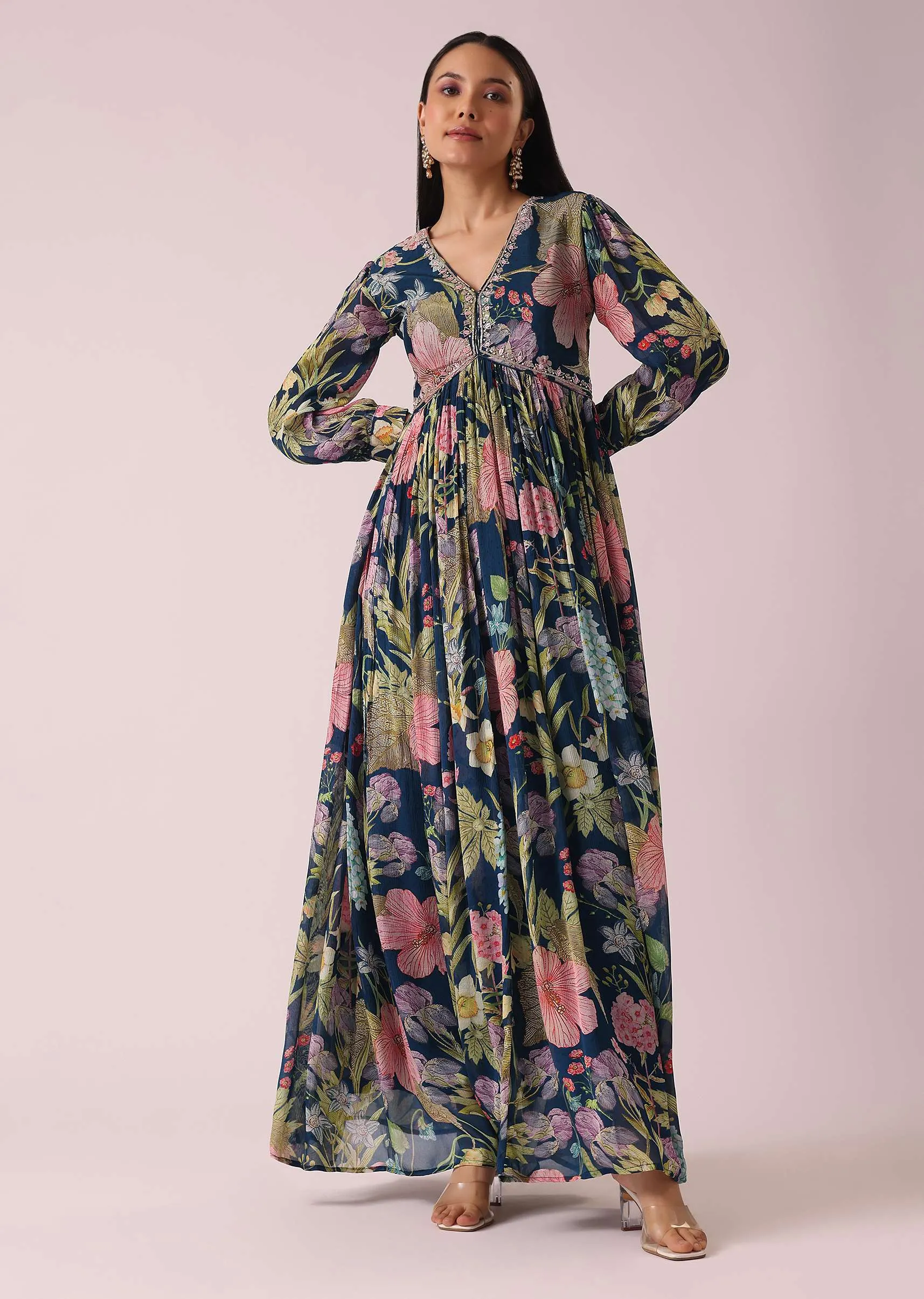 Navy Blue Floral Print Anarkali Set with Sequin Embellishments