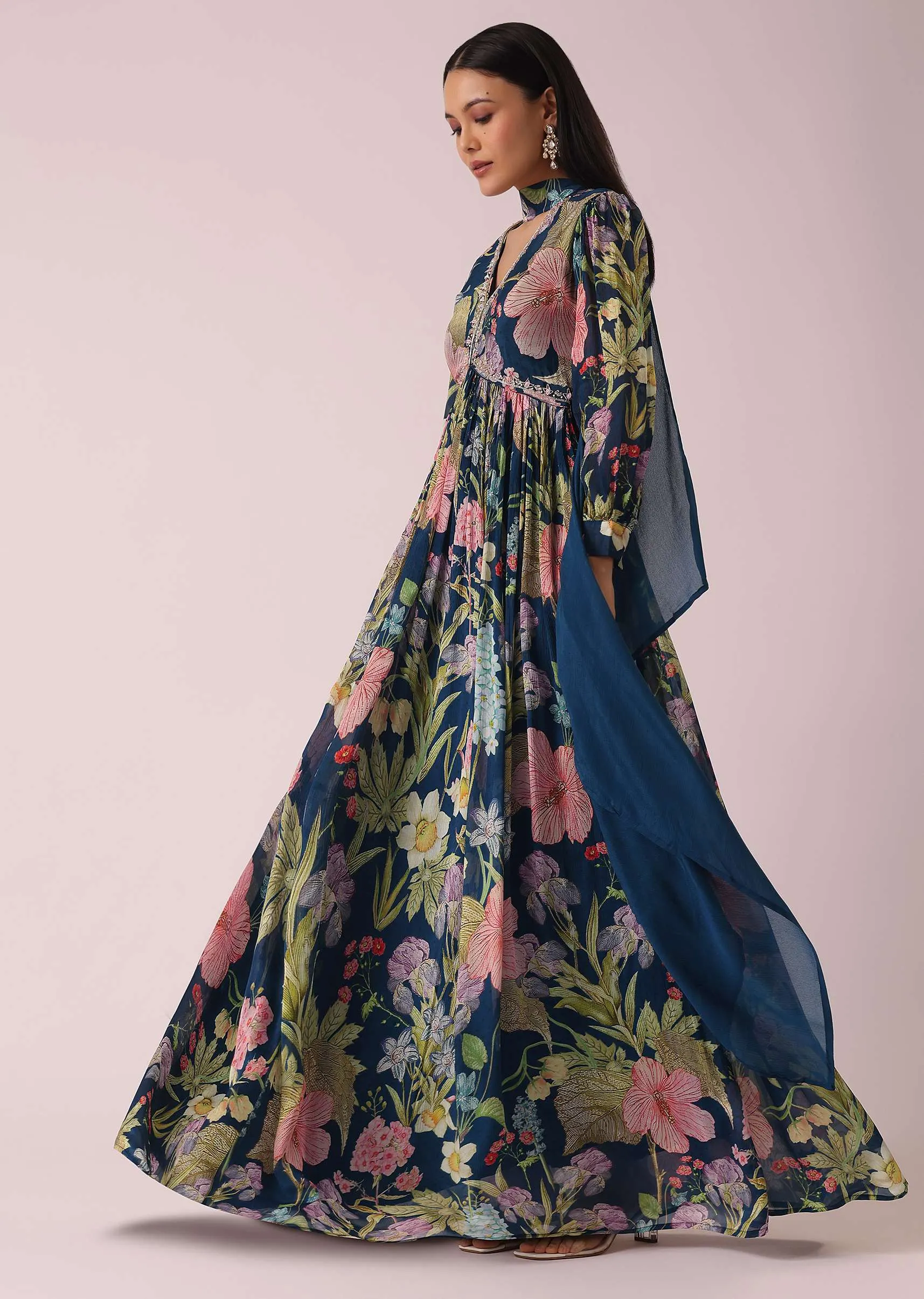 Navy Blue Floral Print Anarkali Set with Sequin Embellishments