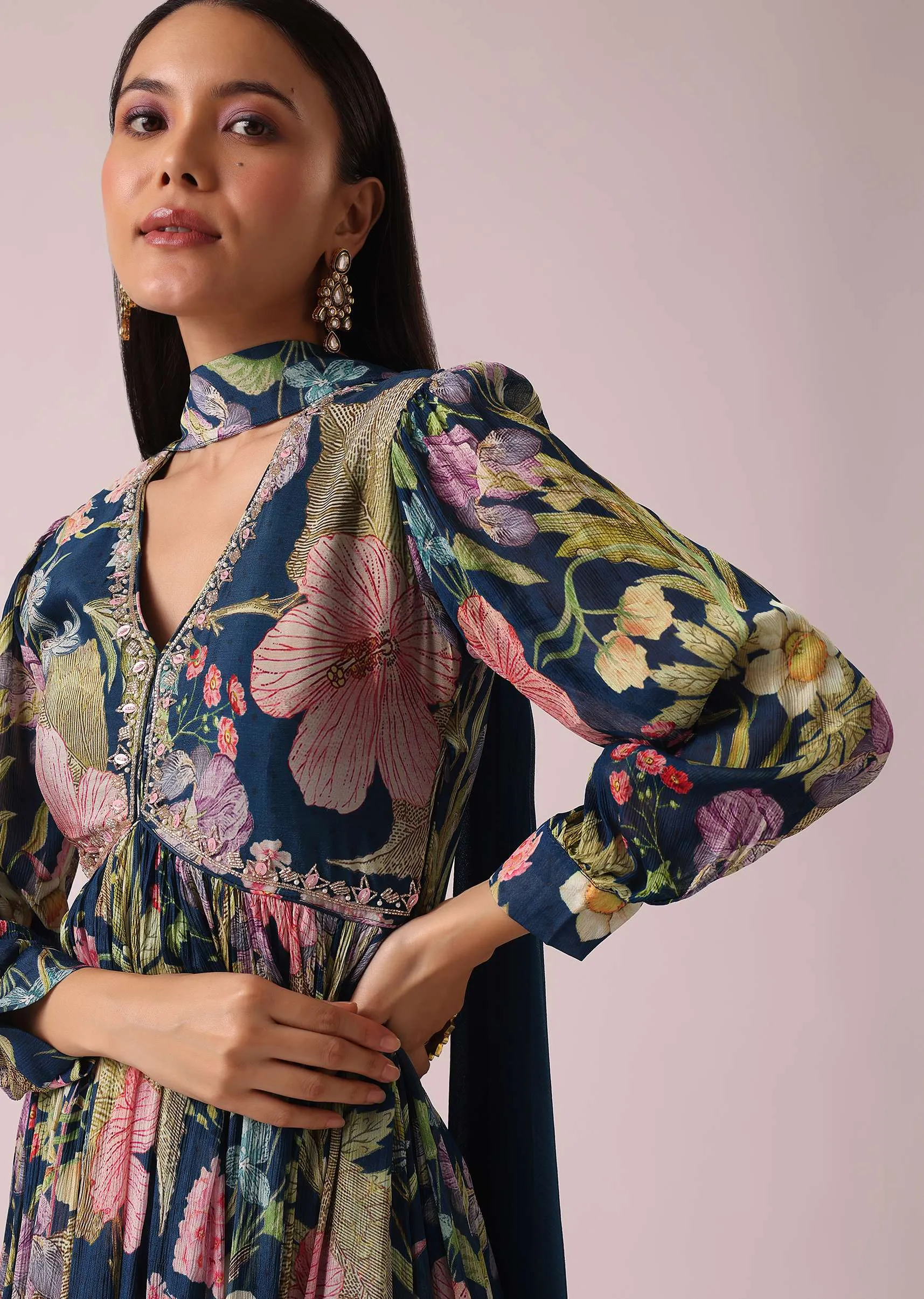 Navy Blue Floral Print Anarkali Set with Sequin Embellishments