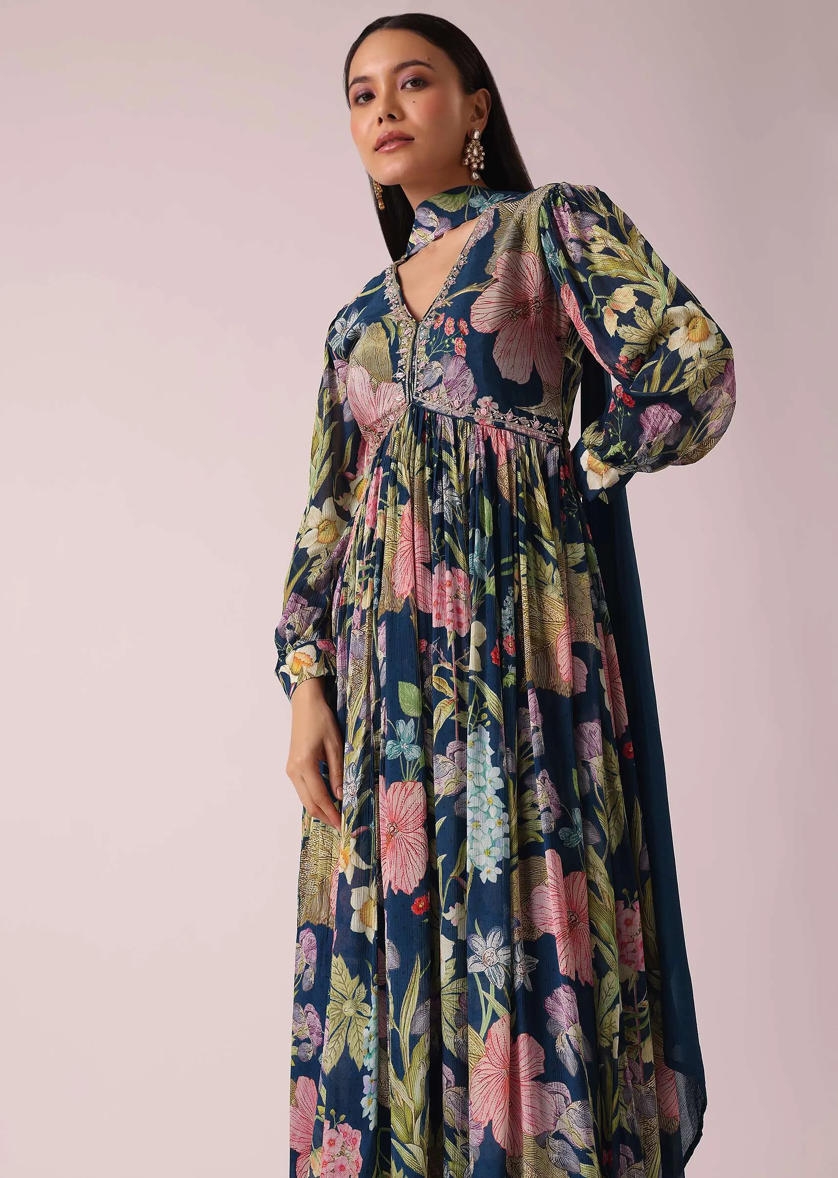 Navy Blue Floral Print Anarkali Set with Sequin Embellishments