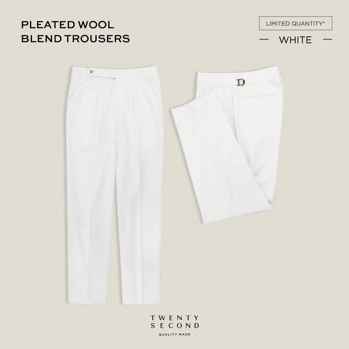 PLEATED WOOL BLEND TROUSERS - WHITE