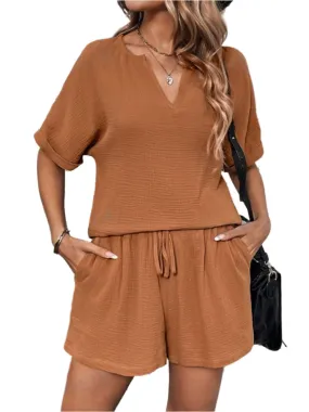 TEEK - Notched Half Sleeve Top and Shorts Set