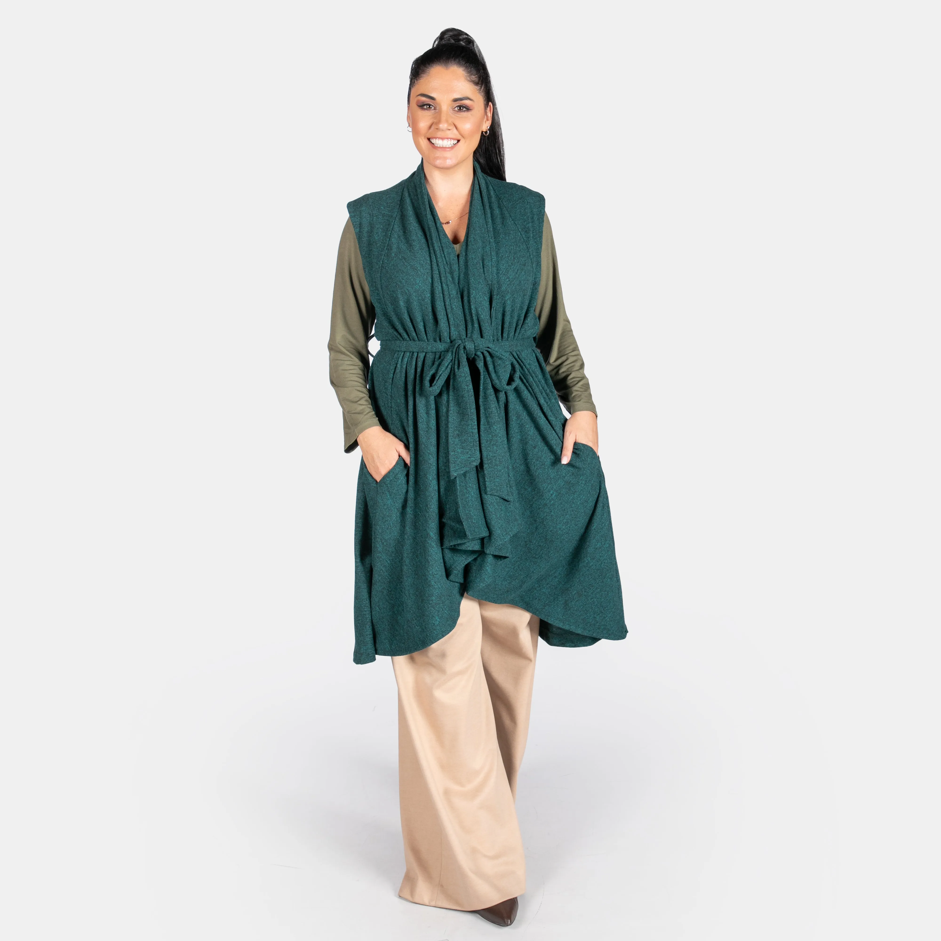 Women's Waterfall Coat Sleeveless Winter Outfit Fabric belt